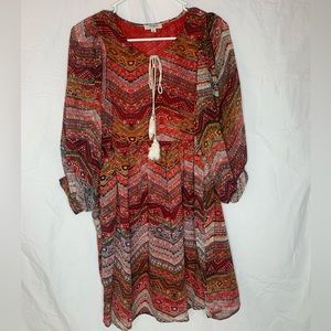 Umgee mini dress S babydoll 3/4 sleeves split neck sheer lined side pockets